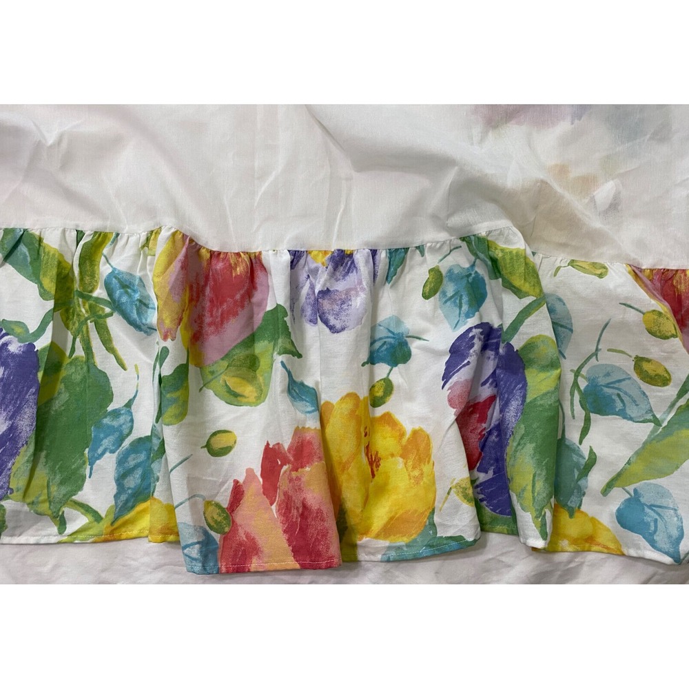 Vtg Twin Bed Skirt Tulips Colorful Floral Shabby Cottage Granny USA Westpoint‎